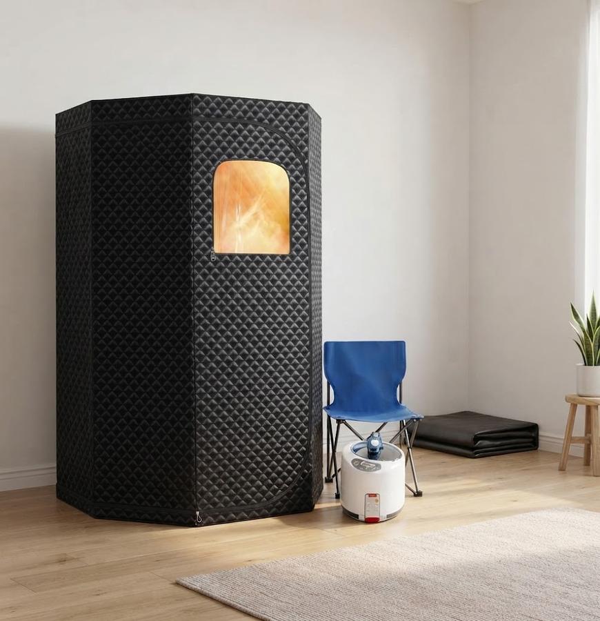 Portable Steam Sauna Tent with 3L Steamer set up in a home room