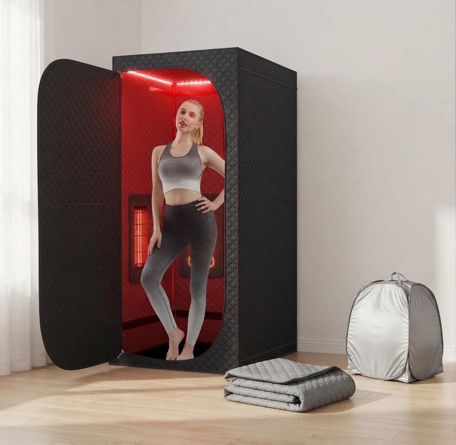 Far Infrared Sauna Box with Red Light Therapy set up in a home room