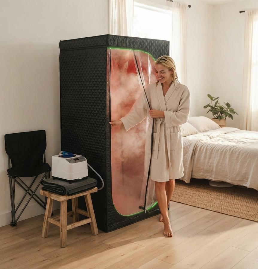 Steam Sauna Tent, Single with Red Light set up in a home room
