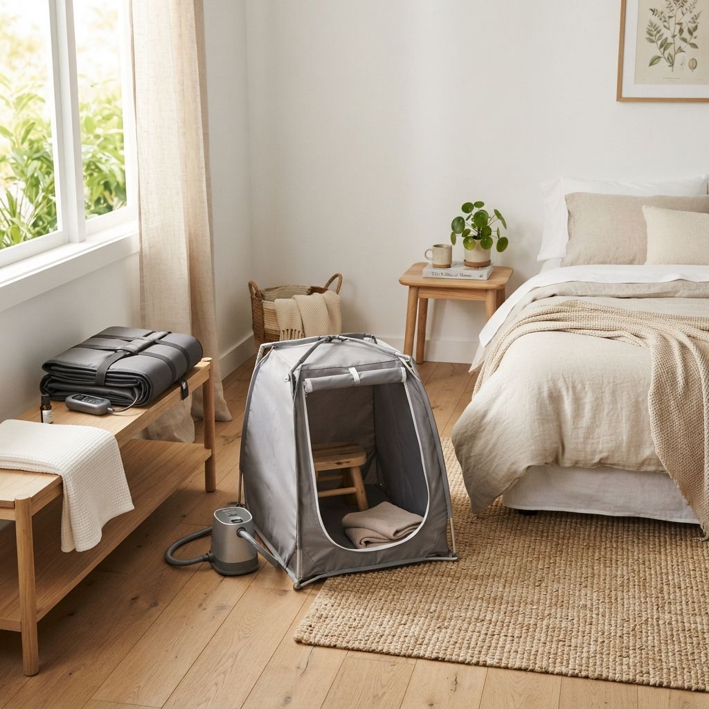 RRGFB infrared sauna blanket and steam sauna tent in a bright bedroom corner